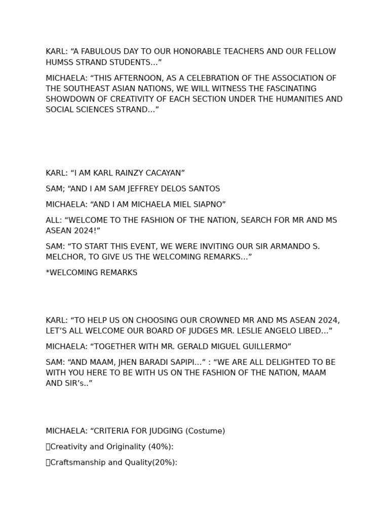 Emcee Script (MR and Ms Asean) | PDF | Fashion | Aesthetics