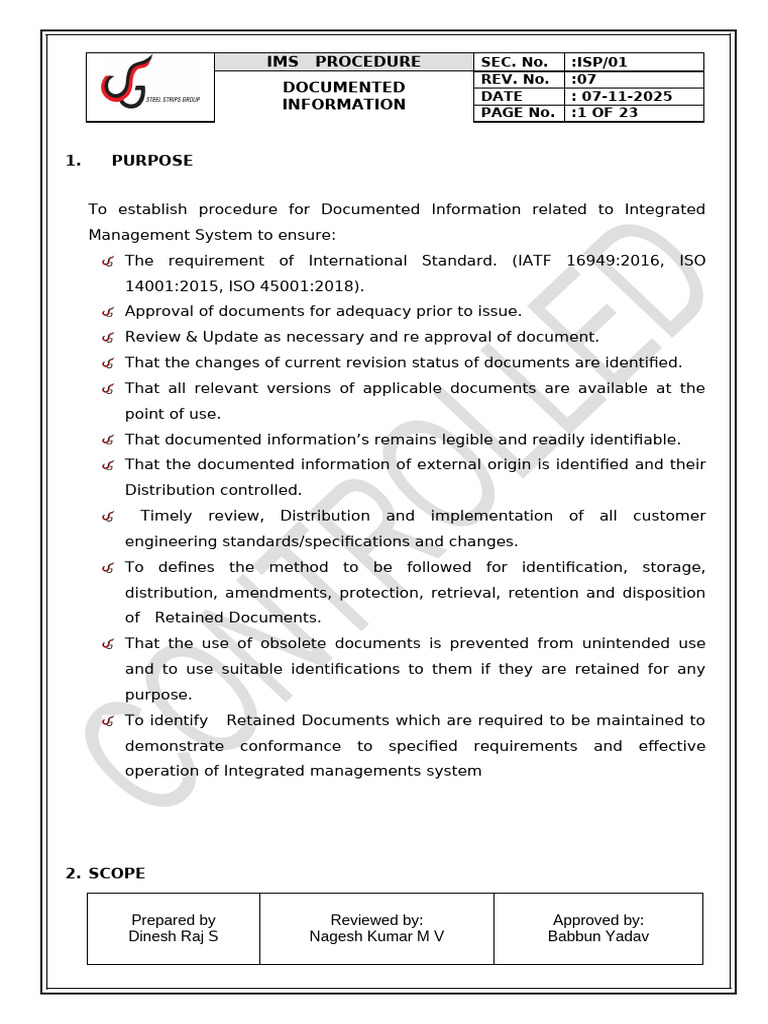 Integrated Management System Document Control | PDF