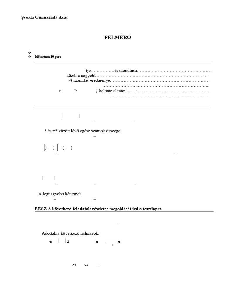 Multimea Numerelor Intregi Test de Evaluare Formativa Lma | PDF