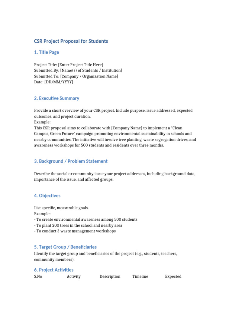 CSR Project Proposal Template Students | PDF | Corporate Social ...