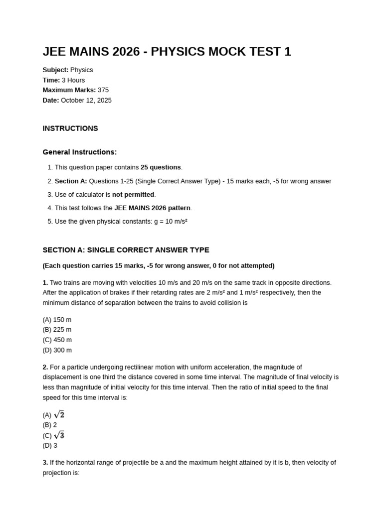 JEE Mains 2026 Physics Mock Test | PDF | Velocity | Acceleration