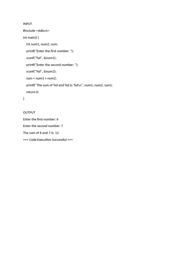 C Program to Add Two Numbers | PDF
