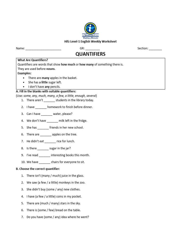 Level-1 Weekly Worksheet - Quantifiers | PDF | Chess Openings | Chess