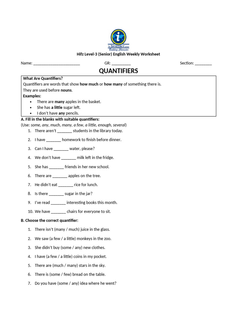 Level-3 (SR.) Weekly Worksheet - Quantifiers | PDF | Chess Theory | Chess