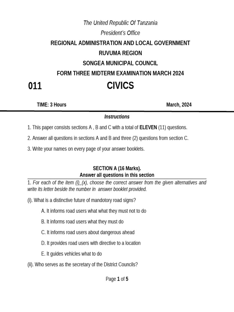Civics Midterm Exam for Form Three 2024 | PDF | Tanzania