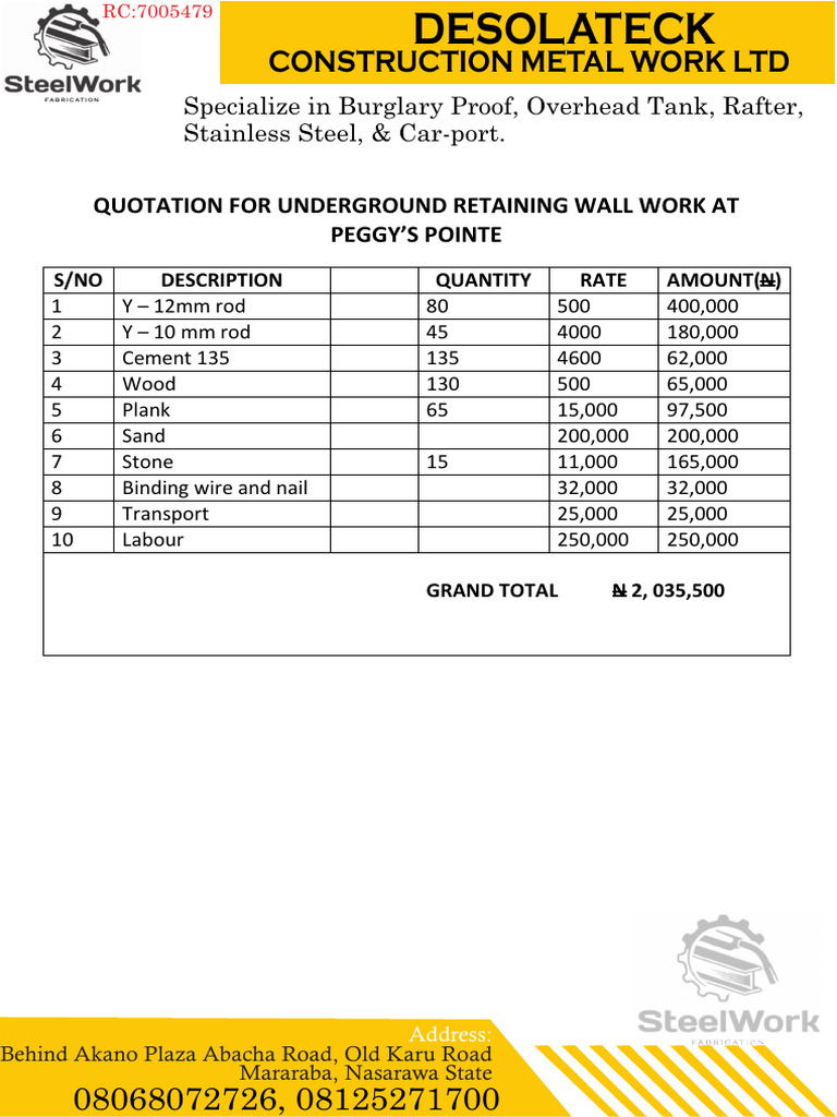 Quotation for Underground Retaining Wall | PDF