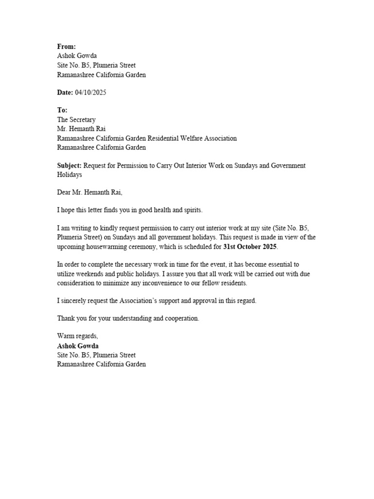Request for Weekend Interior Work Approval | PDF