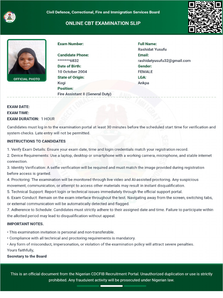 RASHIDAT YUSUFU Application Slip | PDF