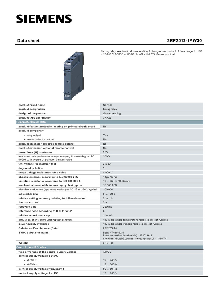 Siemens 3RP2513-1AW30 Timing Relay | PDF | Alternating Current | Relay