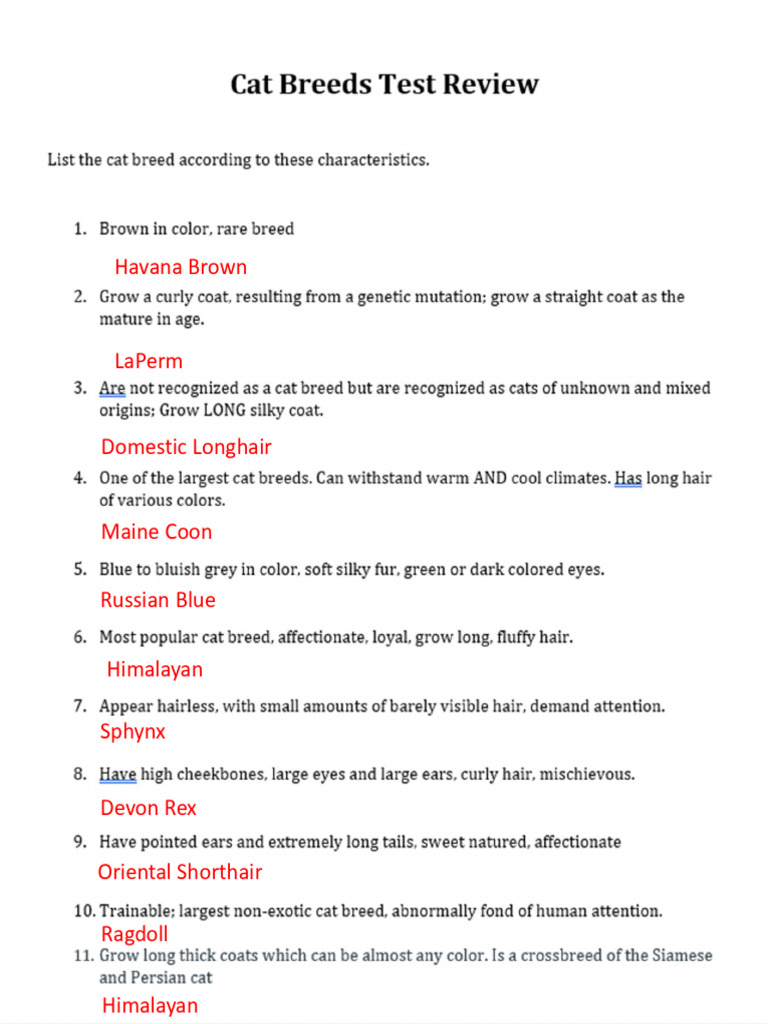 Fillable Cat Breeds Test Review Copy | PDF