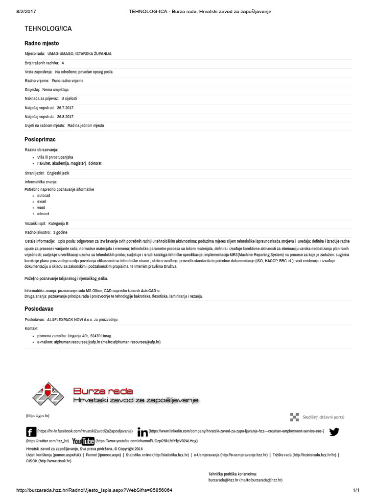 TEHNOLOG-ICA - Burza Rada, Hrvatski Zavod Za Zapošljavanje | PDF