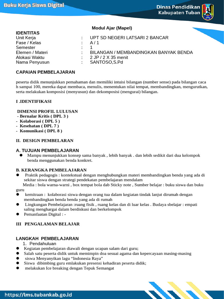 Modul Ajar Matematika Kelas 1 Semester 1 | PDF