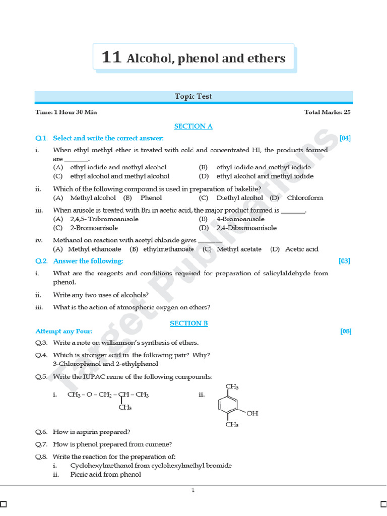 Test Topic - Alcohol, Phenol and Ether | PDF