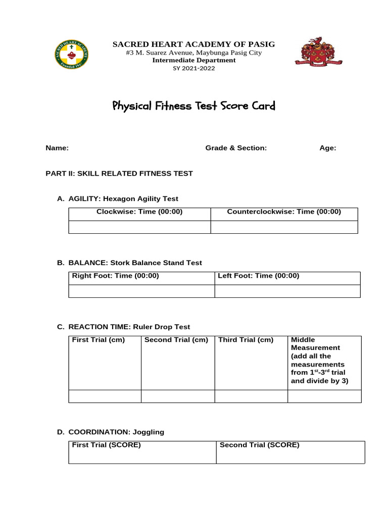 Physical Fitness Test Score Card 2021-2022 | PDF