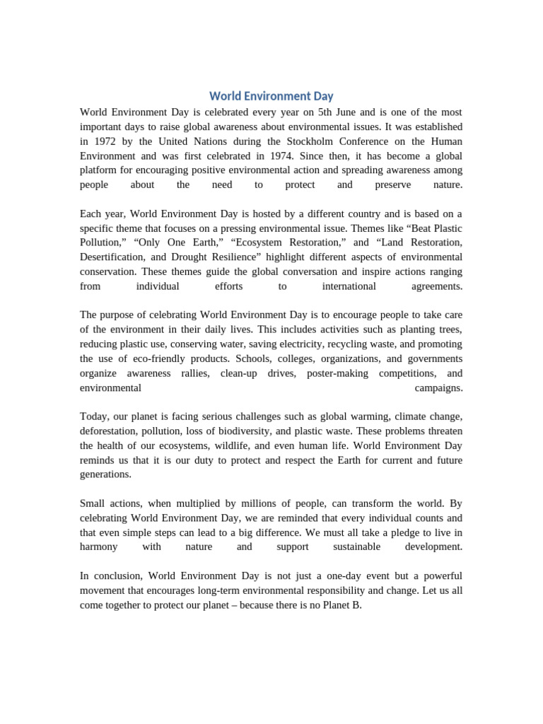 World Environment Day: Global Awareness and Action | PDF | Natural ...