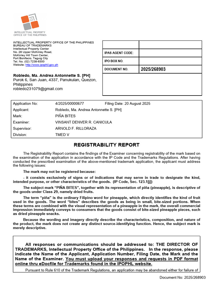 Trademark Registrability Report: PIÑA BITES | PDF | Trademark ...