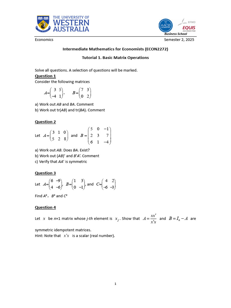 ECON2272: Matrix Operations and Theory | PDF | Ordinary Least Squares ...