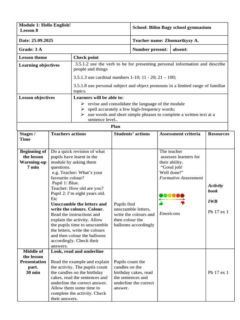 English Lesson Plan for Grade 3-4 | PDF | Learning | Human Communication