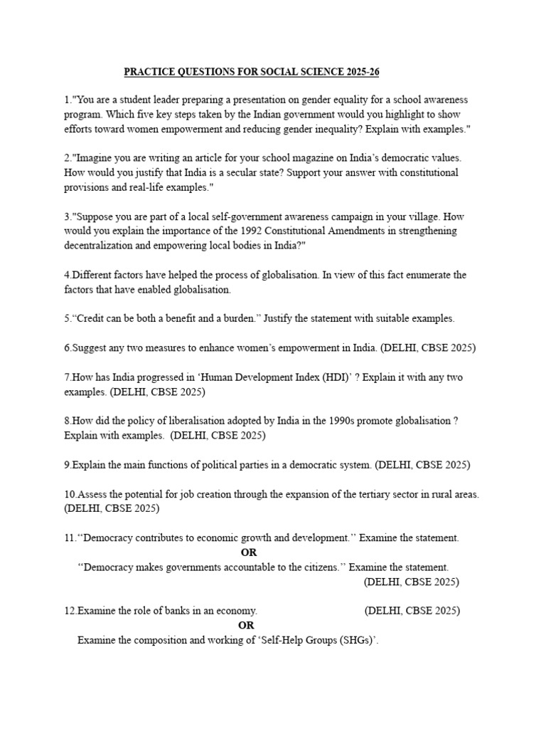 Social Science Practice Questions 2025-26 | PDF | Democracy | Political ...