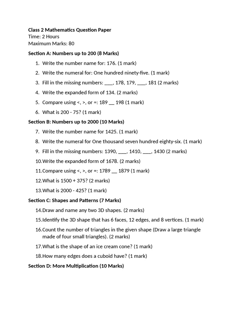 Class 2 Math Exam Question Paper | PDF | Shape