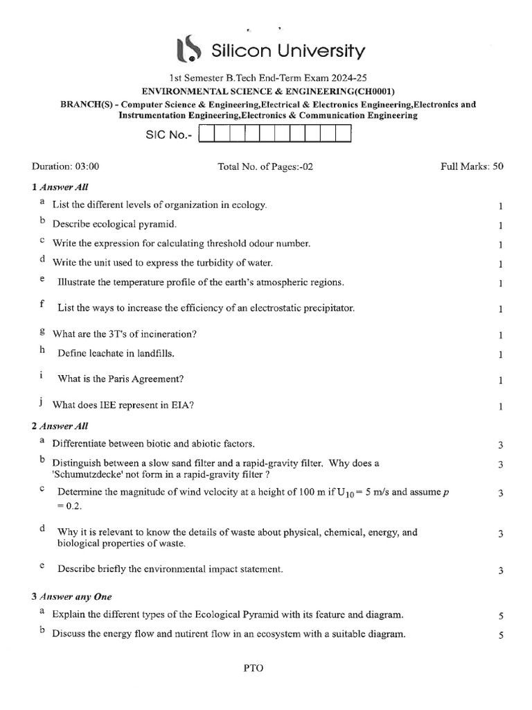 Environmental Science & Engineering (Ch0001) - End Term Exam - 2024 ...