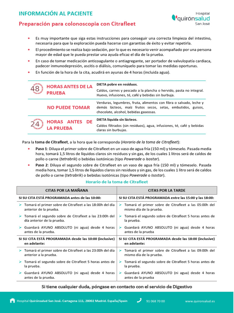 Instrucciones para Colonoscopia con Citrafleet | PDF | Colonoscopia ...