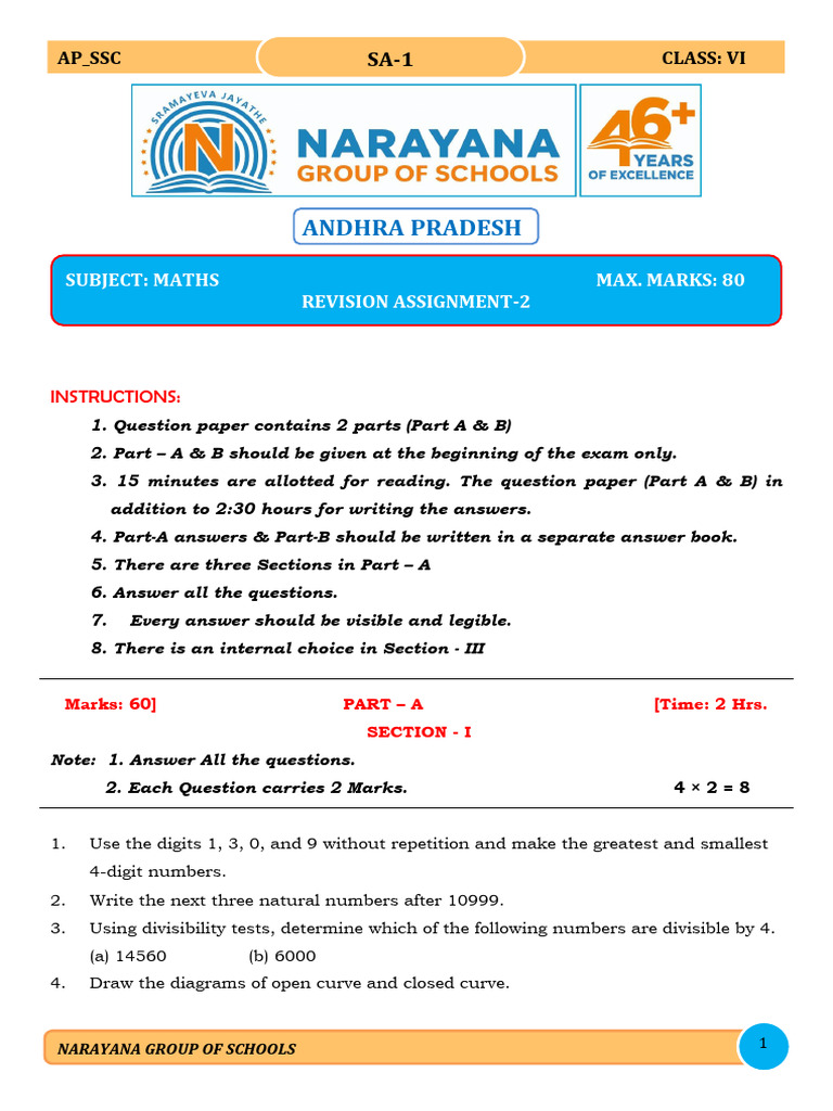 Class VI Maths SA-1 Exam Paper | PDF | Geometry | Euclidean Geometry