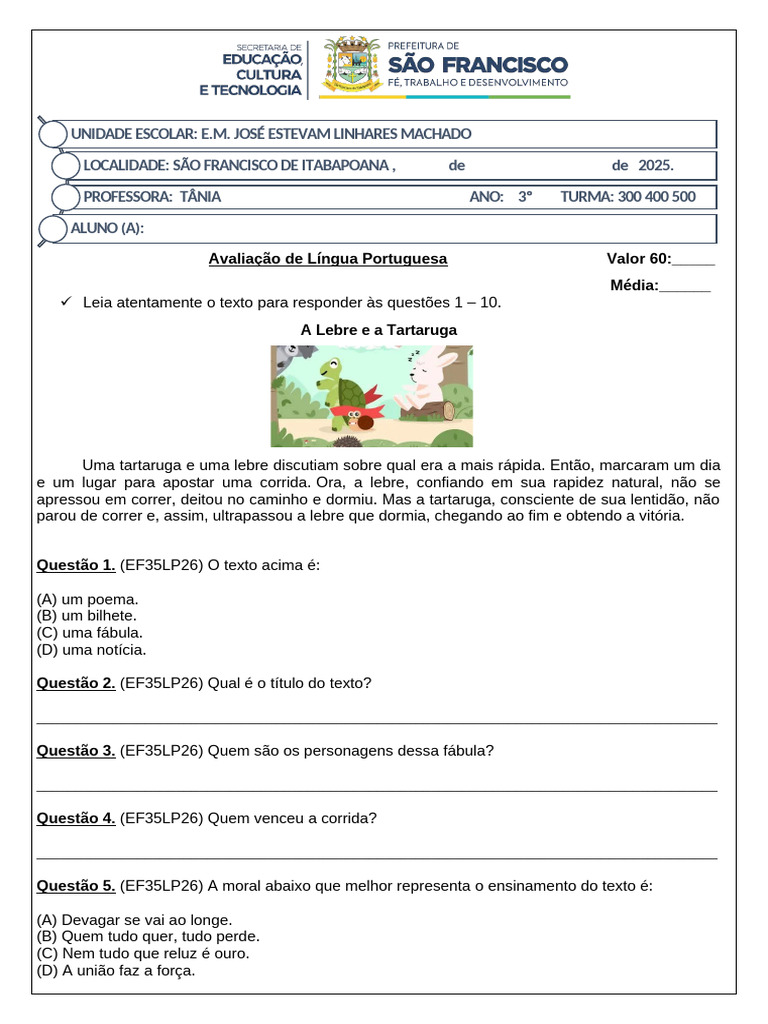 Avaliação de Língua Portuguesa 3º Ano | PDF | Famílias linguísticas