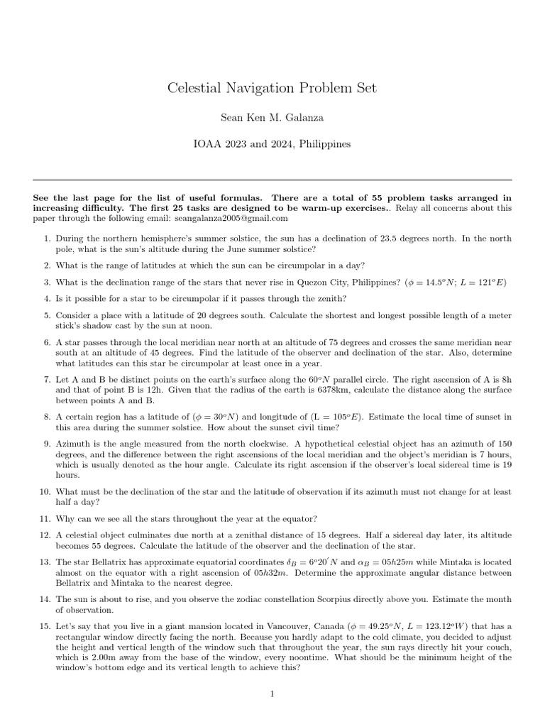 Celestial Navigation Problem Set | PDF | Latitude | Azimuth