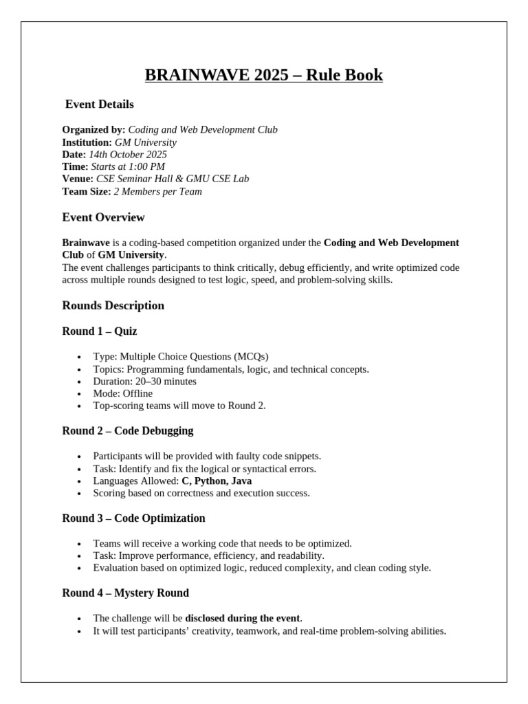 Brainwave 2025 Coding Competition Rules | PDF