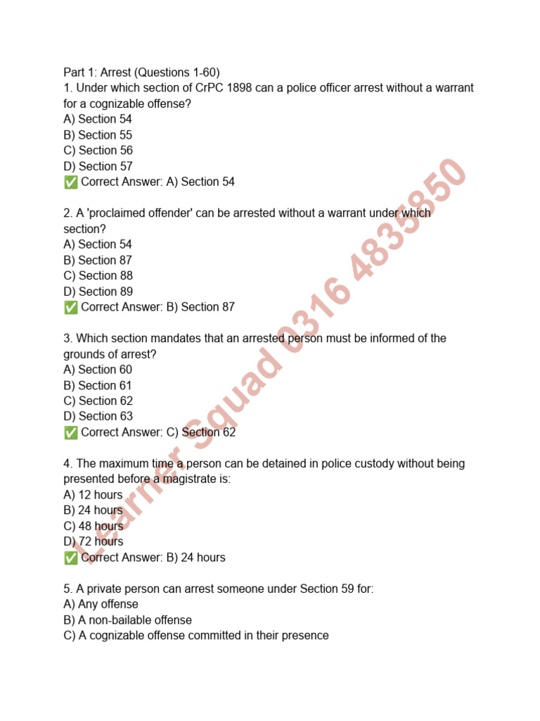 CrPC 1898 Arrest Procedures Explained | PDF | Arrest Warrant | Bail