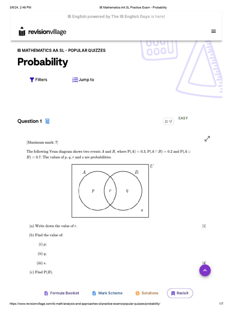 IB Math AA SL Practice Exam: Probability | PDF | Probability | Applied ...