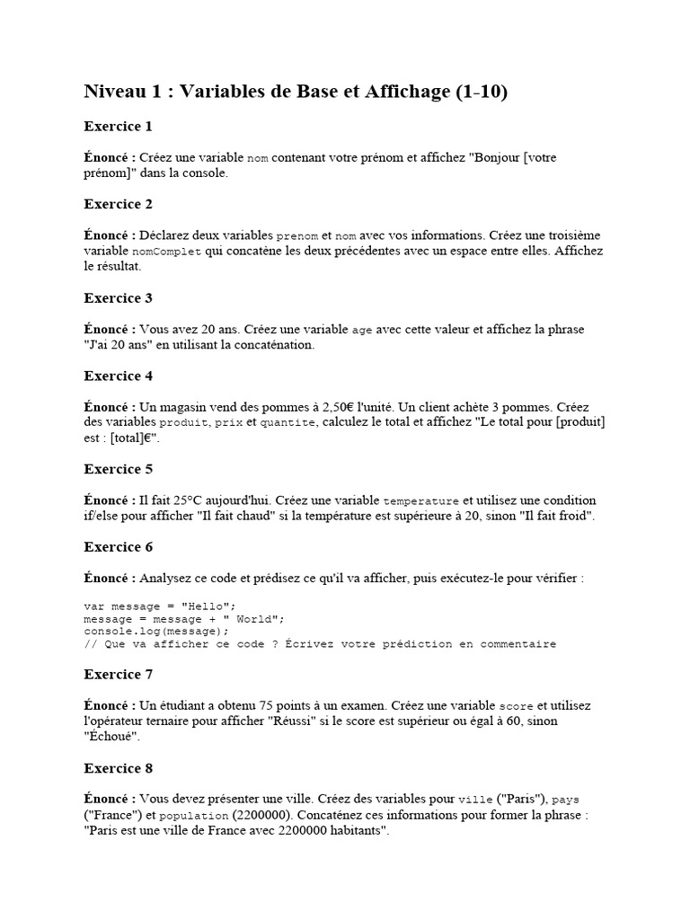 Exercices de Programmation JavaScript | PDF | Booléen | Programmation ...