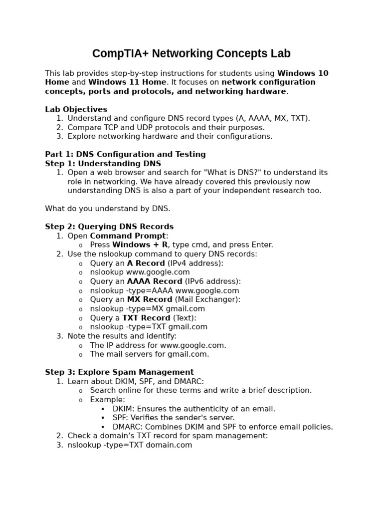 CompTIA+ Networking Concepts Lab | PDF | Domain Name System | Port ...