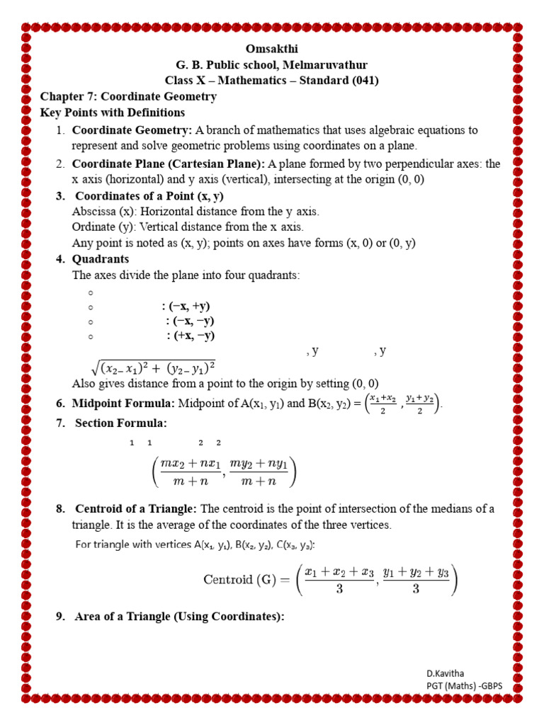 Class 10 Co-Ordinate Geometry - Key Points | PDF