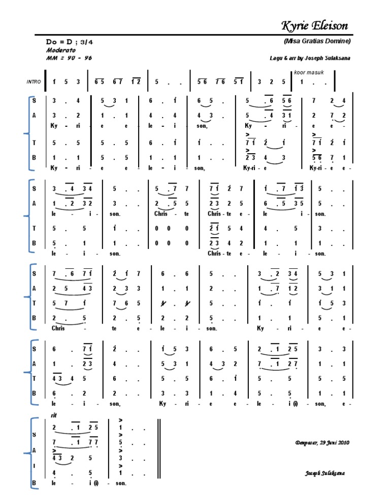 Kyrie Eleison Not Angka Misa Gratias Domine Joseph Sulaksana Messe Religions Et Croyances