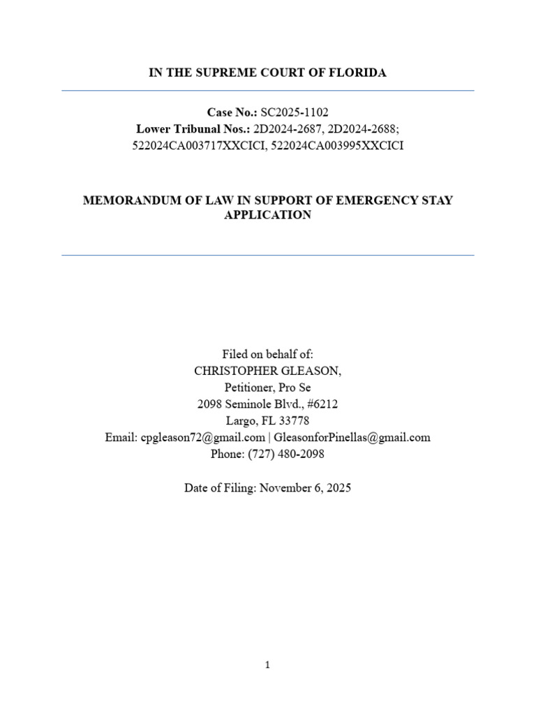 FLSC Gleason V Marcus Memorandum of Law Supporting Emergency ...