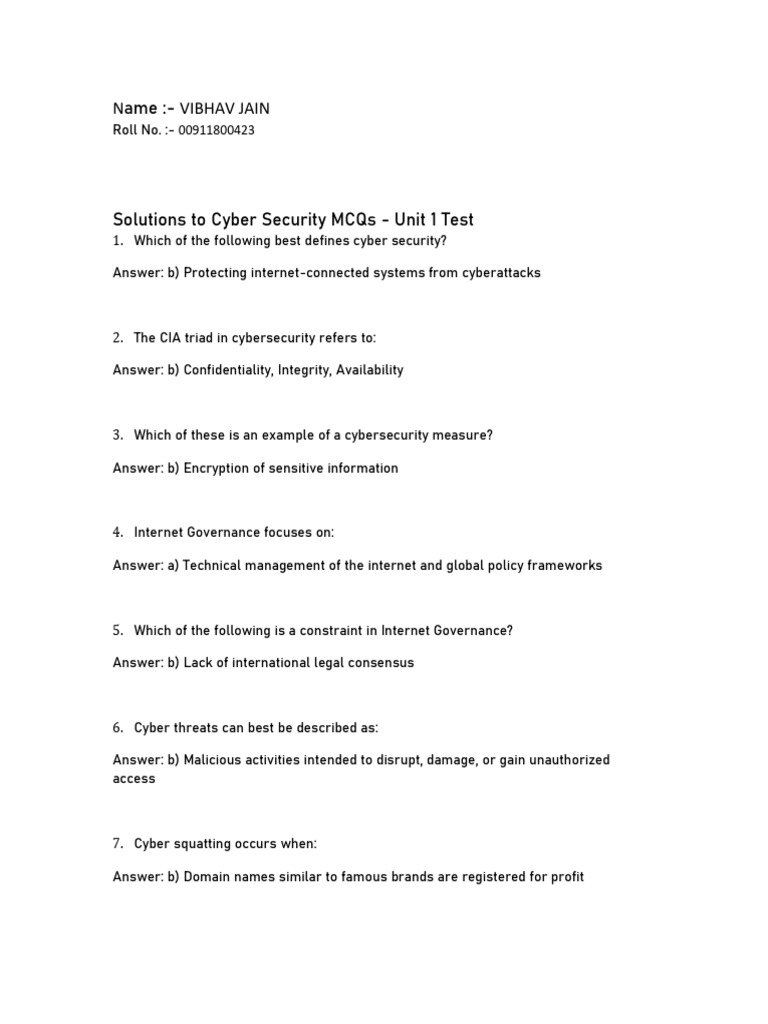 Cyber Security MCQs - Unit 1 Test Solutions | PDF | Security | Computer ...