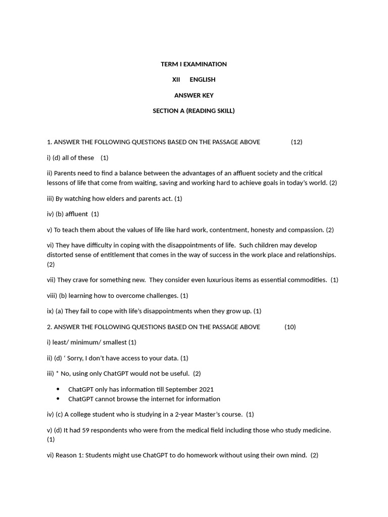 Term I Examination Answer Key | PDF | Psychology | Psychological Concepts