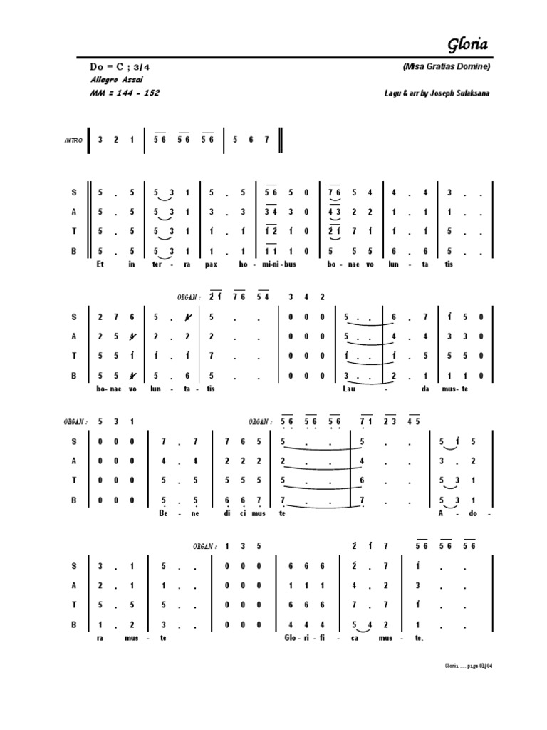 Gloria Not Angka Misa Gratias Domine Joseph Sulaksana Musical Notation Musical Forms