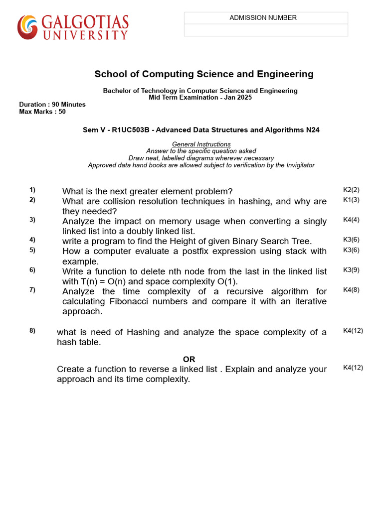 Mid Term Exam: Advanced Data Structures | PDF