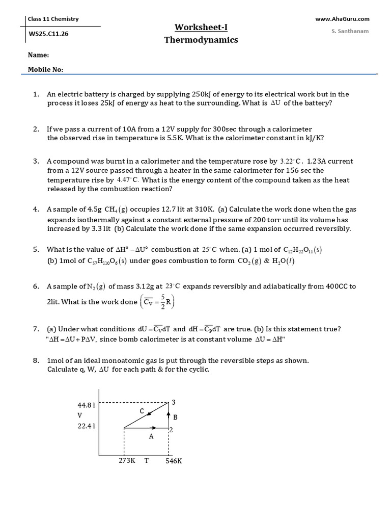 Class 11 Chemistry Thermodynamics Worksheet | PDF | Heat | Quantity