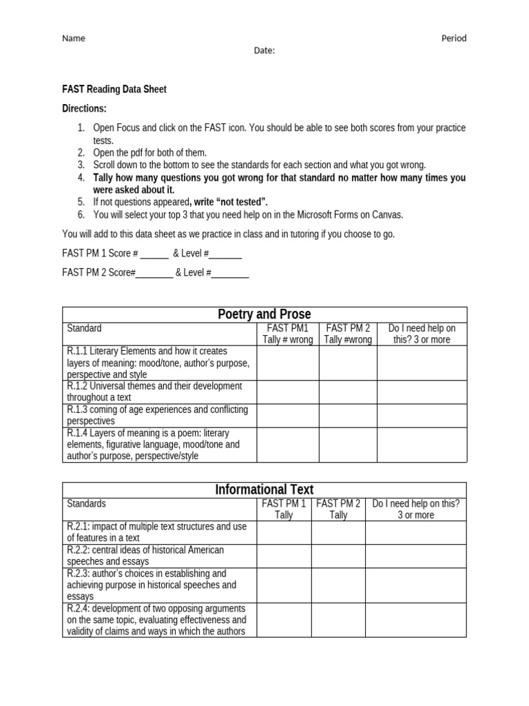 FAST Reading Data Sheet Instructions | PDF | Essays | Poetry