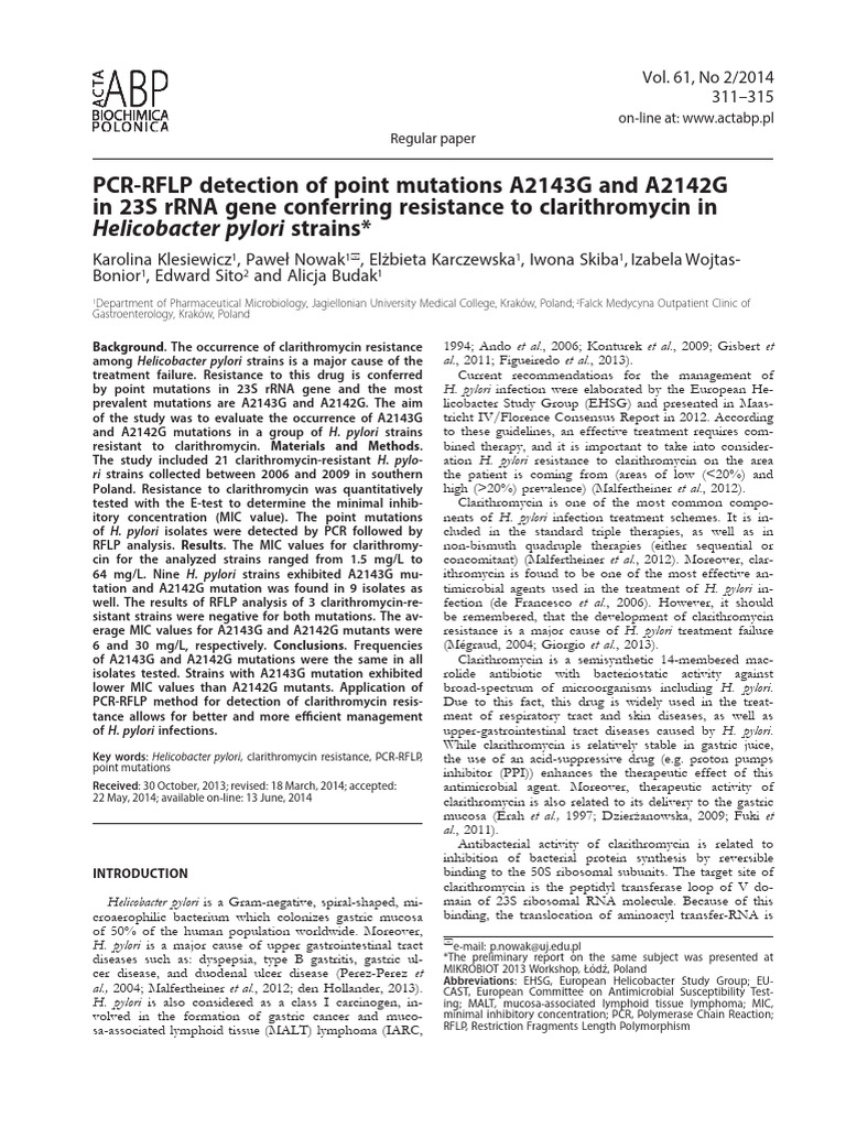 PCR RFLP Detection of Point Mutations A2143G and A2142G in 23S RRNA ...