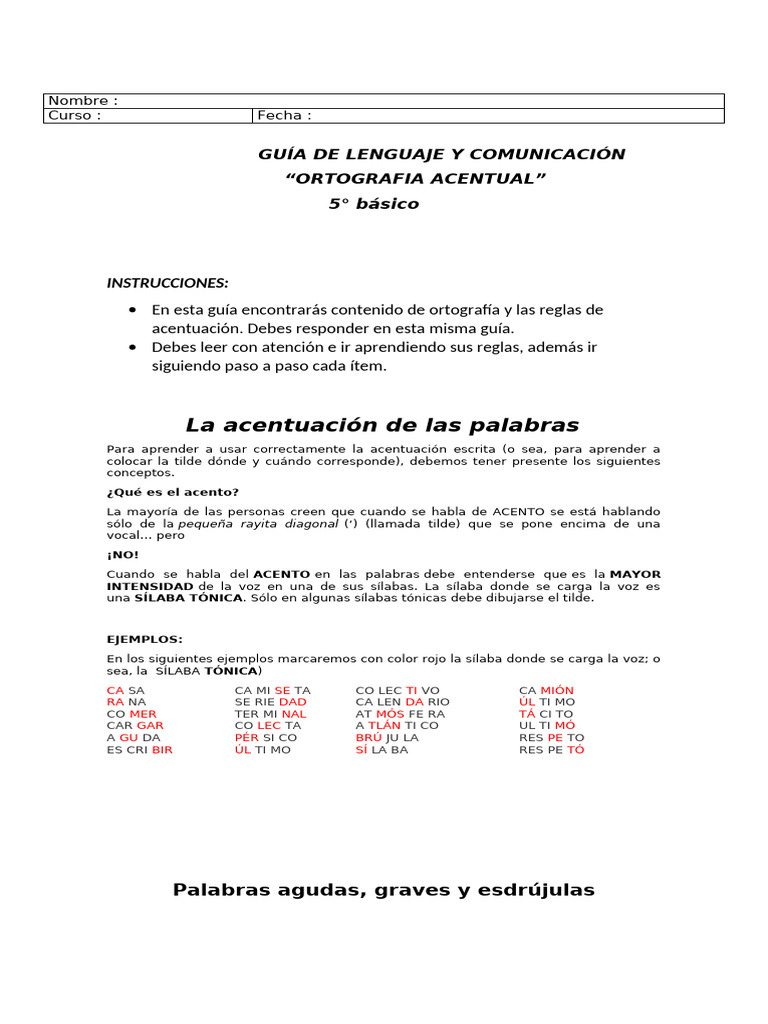Reglas de Acentuación para 5° Básico | PDF | Voz humana | Fonología