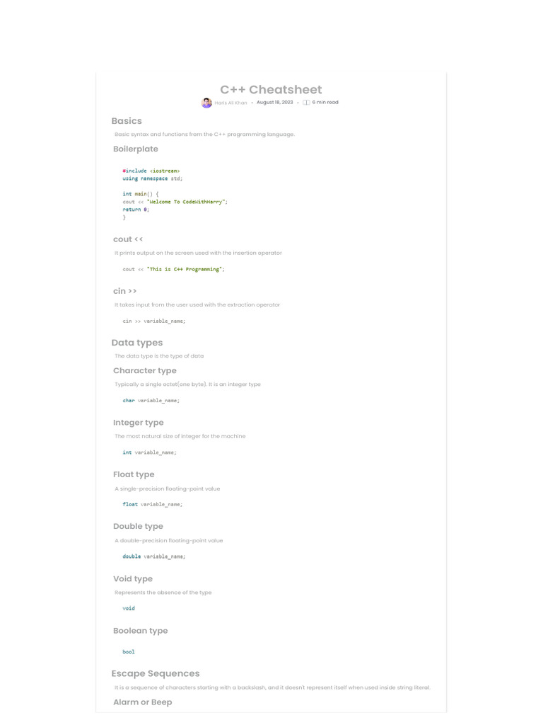 C++ Programming Basics Cheatsheet | PDF | String (Computer Science ...