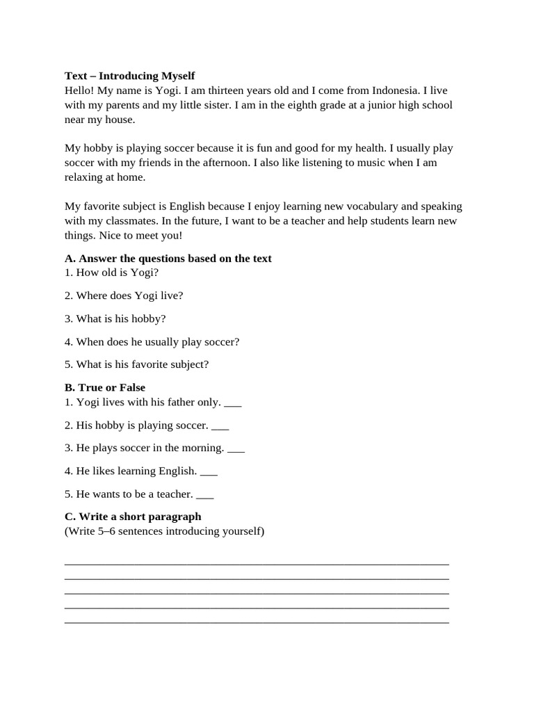 Introducing Myself Worksheet | PDF