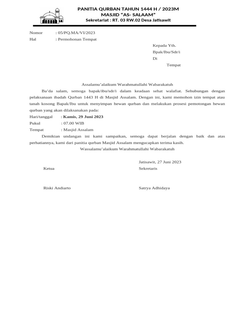 Permohonan Tempat Ibadah Qurban 2023 | PDF