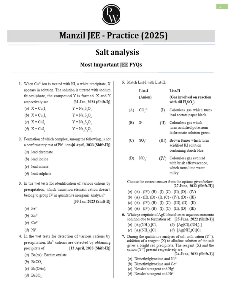 Salt Analysis JEE PYQs 2025 | PDF | Chemistry | Chemical Compounds