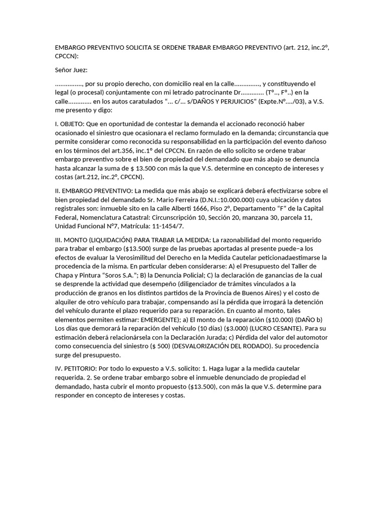 Embargo Preventivo Solicita Se Ordene Trabar Embargo Preventivo | PDF ...